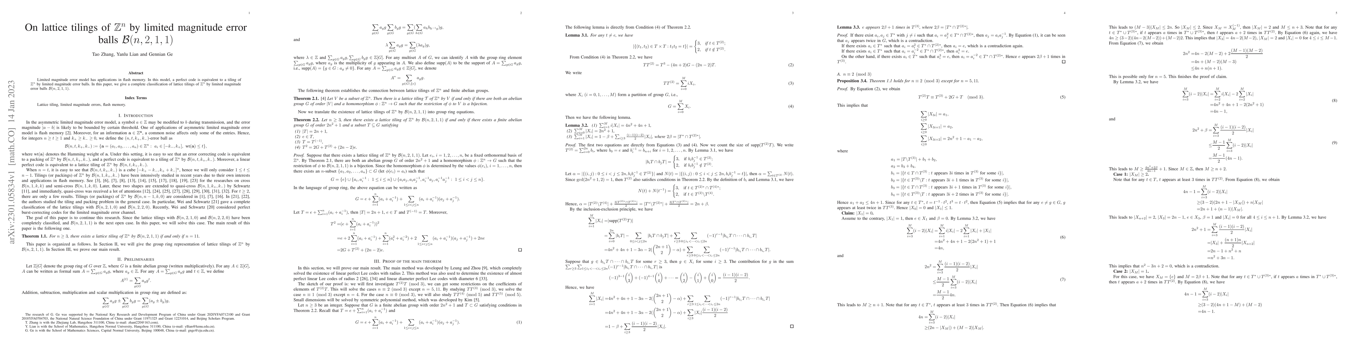 Thumbnail for On lattice tilings of $\mathbb{Z}^{n}$ by limited magnitude error balls
  $\mathcal{B}(n,2,1,1)$