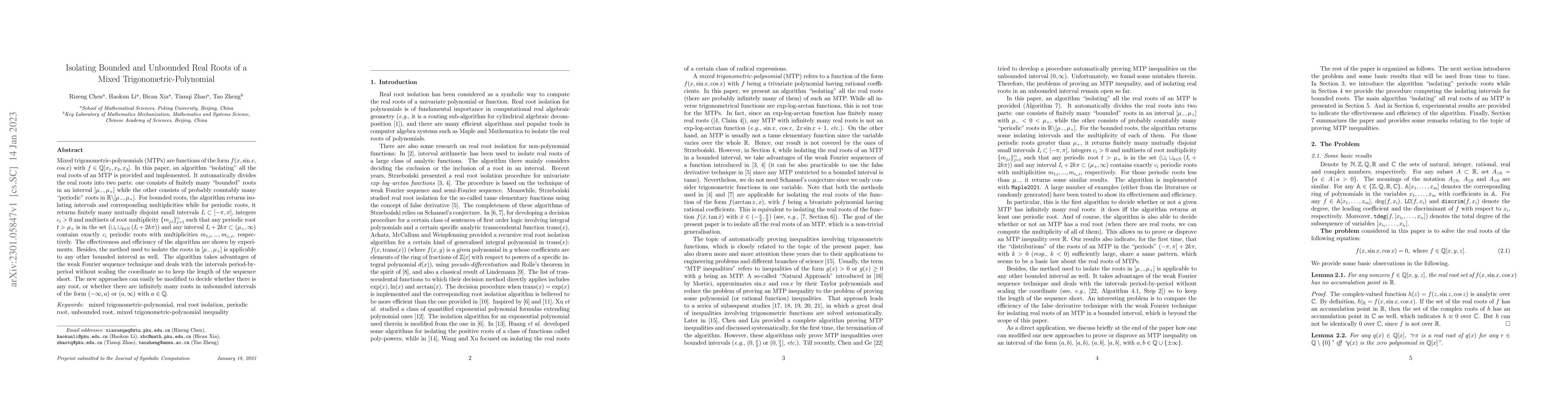 Thumbnail for Isolating Bounded and Unbounded Real Roots of a Mixed
  Trigonometric-Polynomial