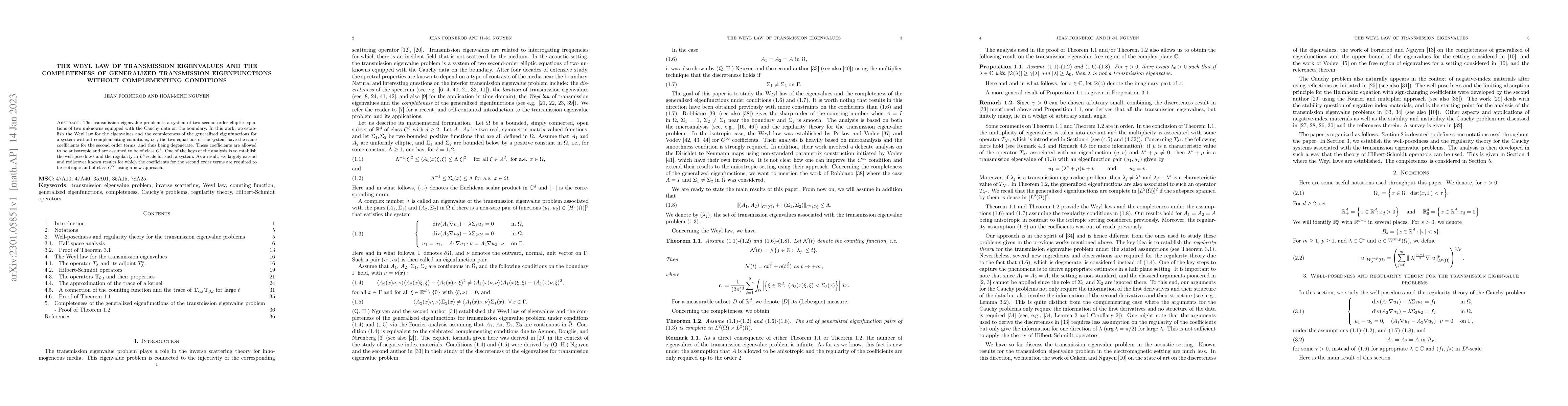Thumbnail for The Weyl law of transmission eigenvalues and the completeness of
  generalized transmission eigenfunctions without complementing conditions