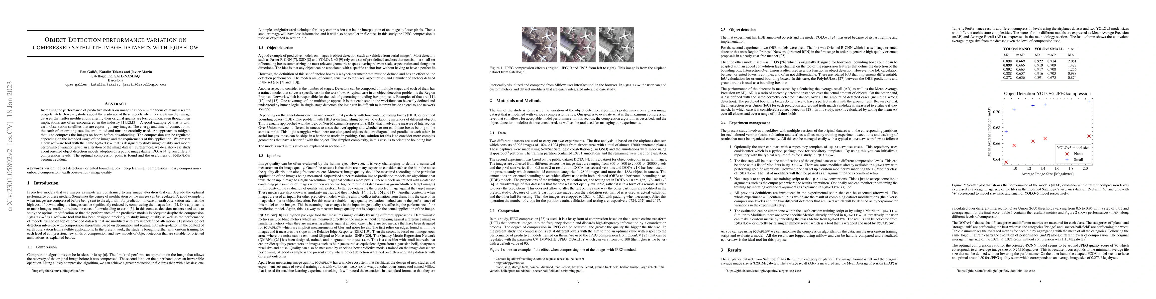 Thumbnail for Object Detection performance variation on compressed satellite image
  datasets with iquaflow