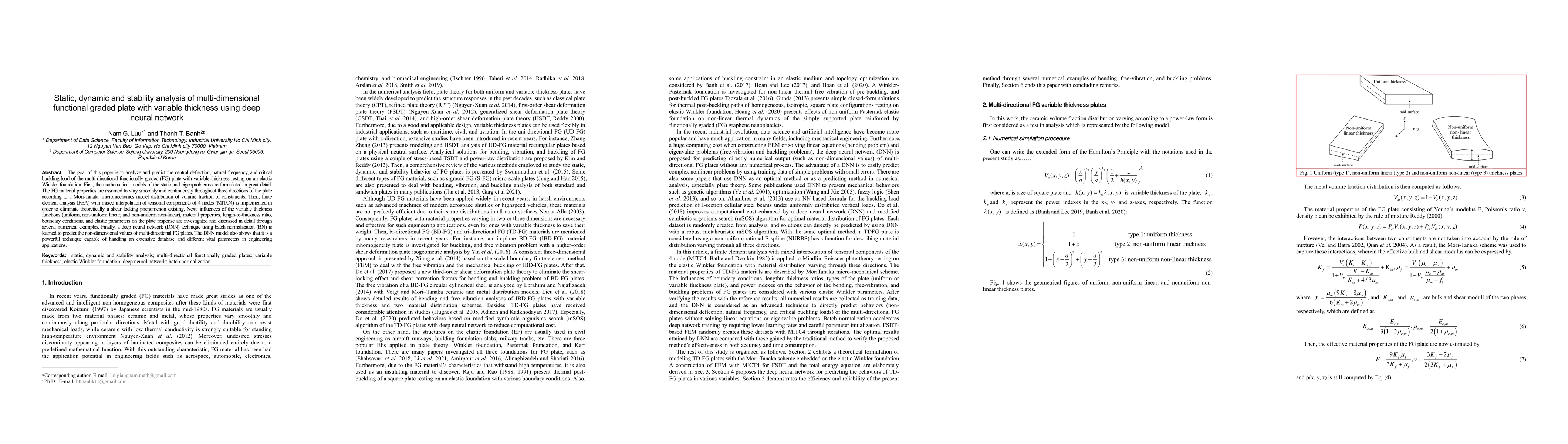 Thumbnail for Static, dynamic and stability analysis of multi-dimensional functional
  graded plate with variable thickness using deep neural network