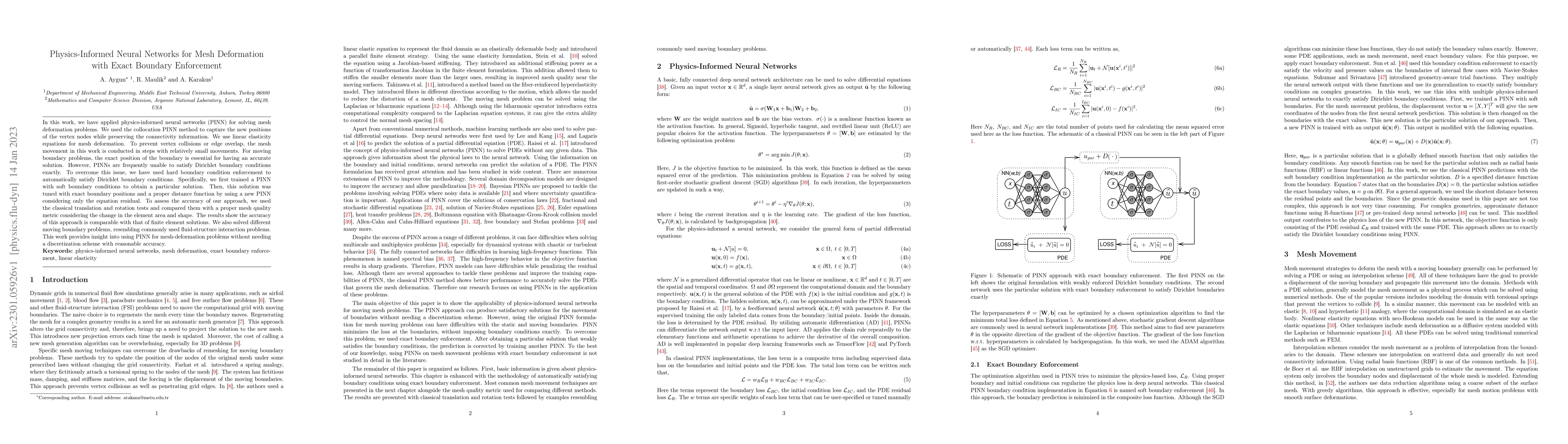 Thumbnail for Physics-Informed Neural Networks for Mesh Deformation with Exact
  Boundary Enforcement