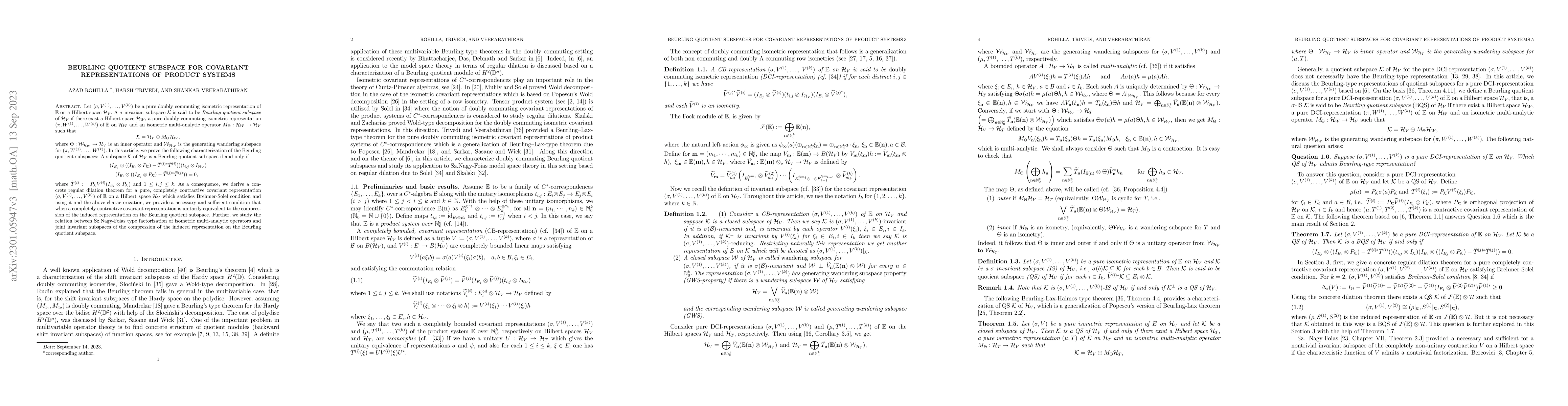 Thumbnail for Beurling quotient subspaces for covariant representations of product
  systems