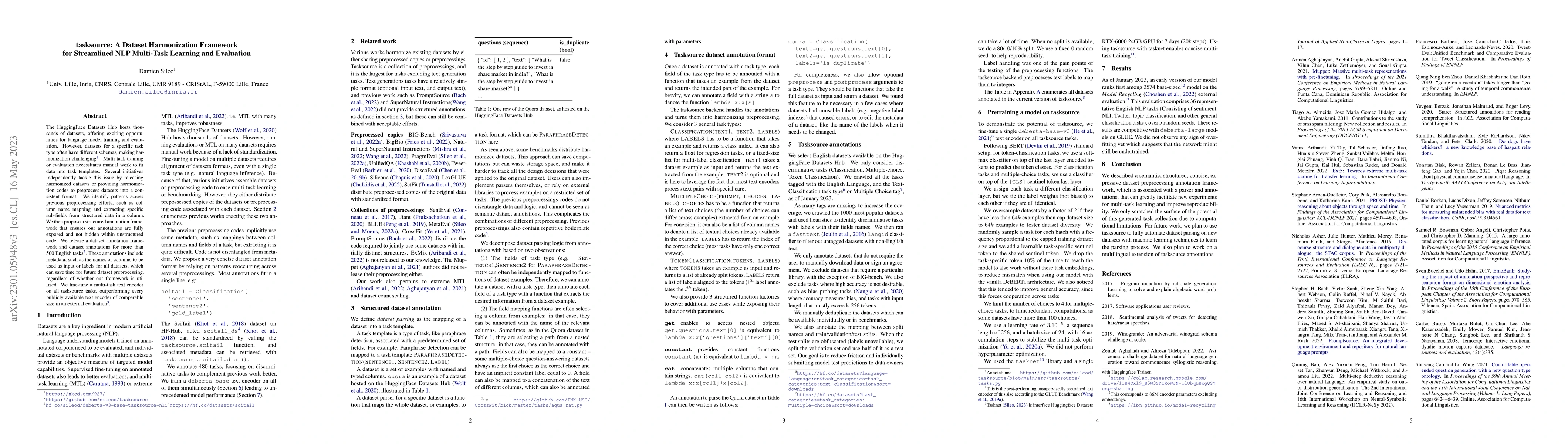 Thumbnail for tasksource: A Dataset Harmonization Framework for Streamlined NLP
  Multi-Task Learning and Evaluation