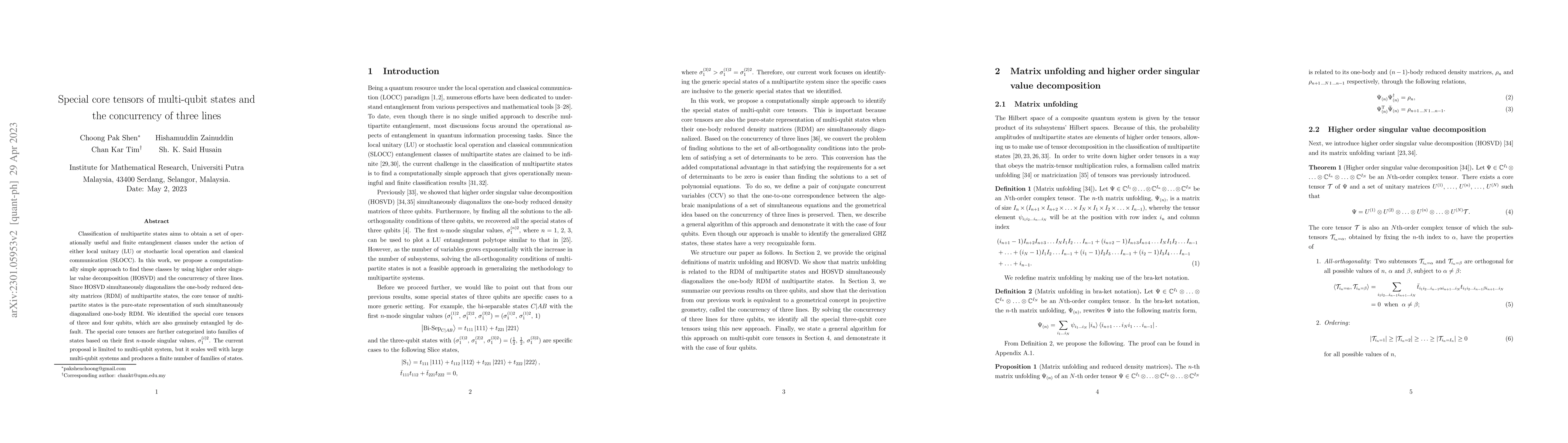 Thumbnail for Special core tensors of multi-qubit states and the concurrency of three
  lines