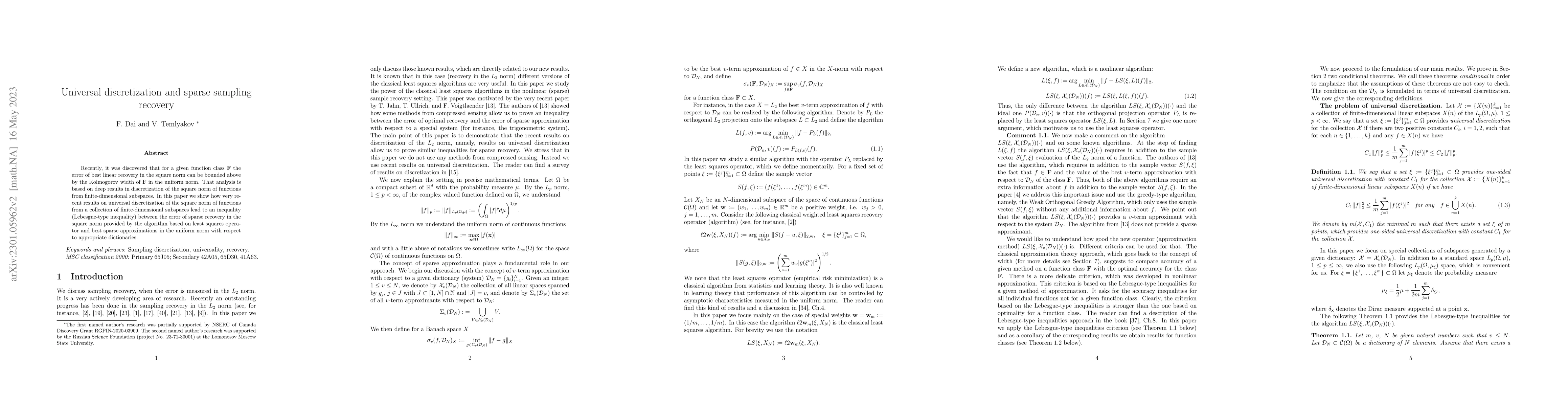 Thumbnail for Universal discretization and sparse sampling recovery