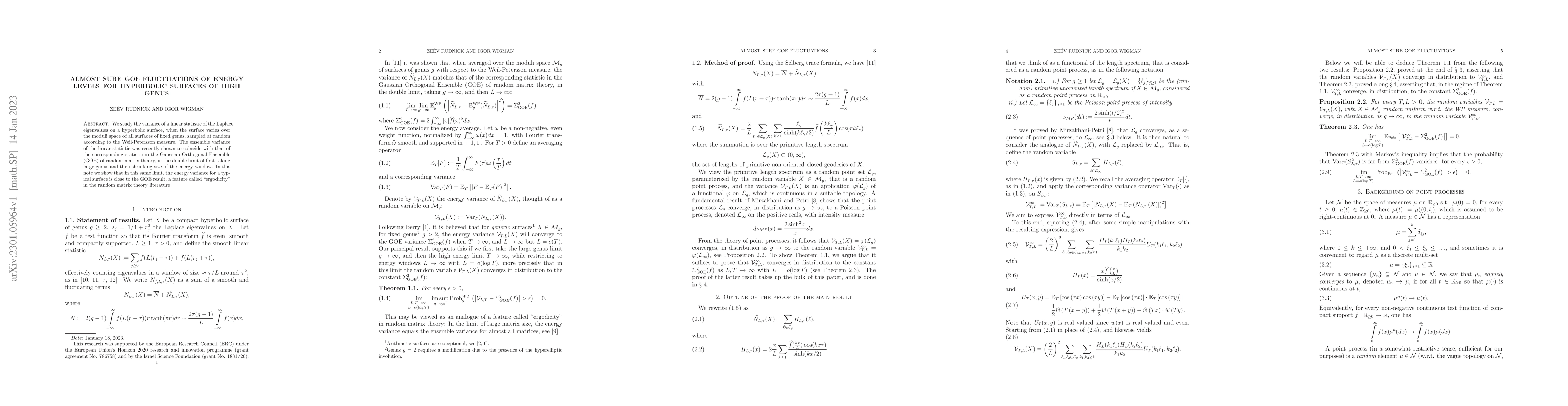 Thumbnail for Almost sure GOE fluctuations of energy levels for hyperbolic surfaces of
  high genus