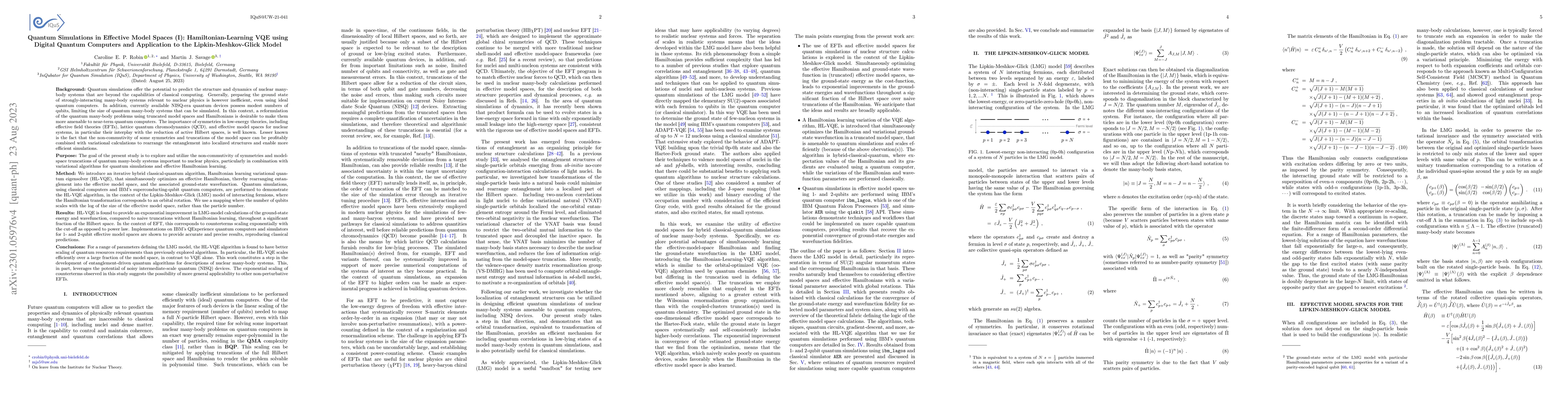 Thumbnail for Quantum Simulations in Effective Model Spaces (I): Hamiltonian
  Learning-VQE using Digital Quantum Computers and Application to the
  Lipkin-Meshkov-Glick Model