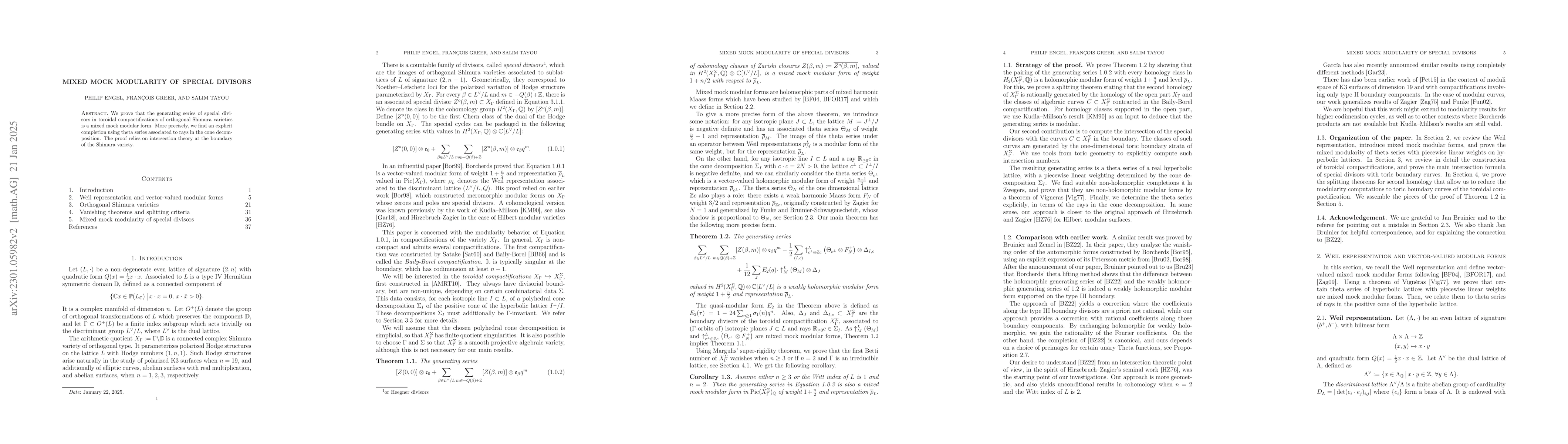 Thumbnail for Mixed mock modularity of special divisors