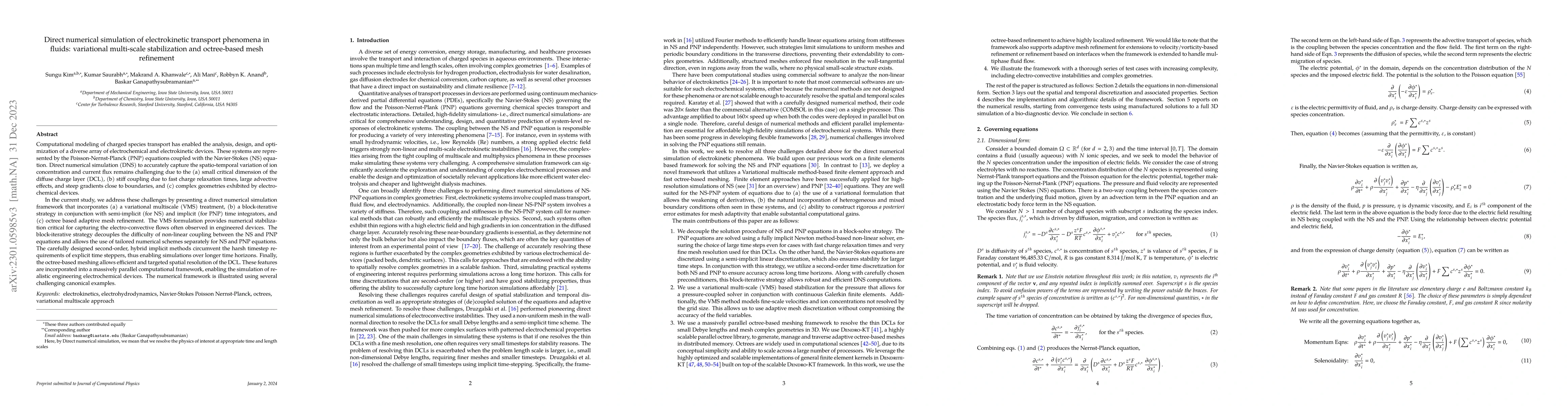 Thumbnail for Direct numerical simulation of electrokinetic transport phenomena in
  fluids: variational multi-scale stabilization and octree-based mesh
  refinement