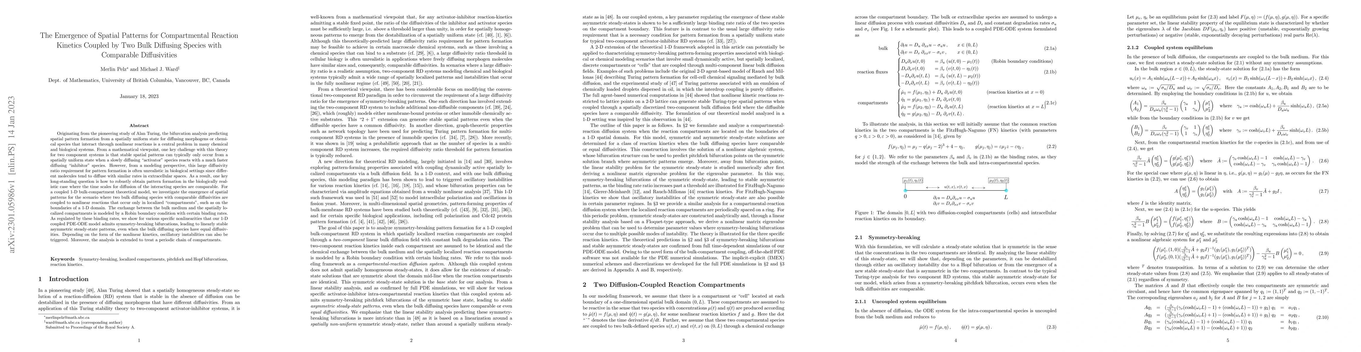 Thumbnail for The Emergence of Spatial Patterns for Compartmental Reaction Kinetics
  Coupled by Two Bulk Diffusing Species with Comparable Diffusivities