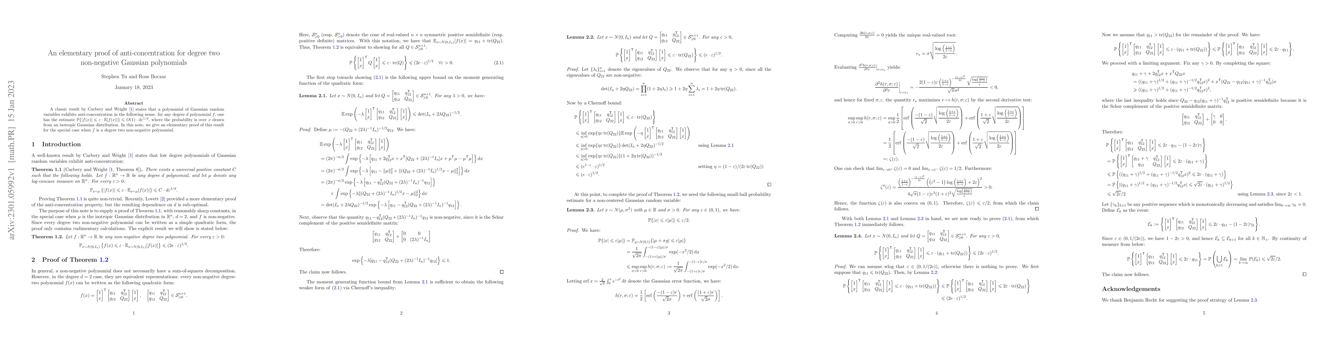 Thumbnail for An elementary proof of anti-concentration for degree two non-negative
  Gaussian polynomials