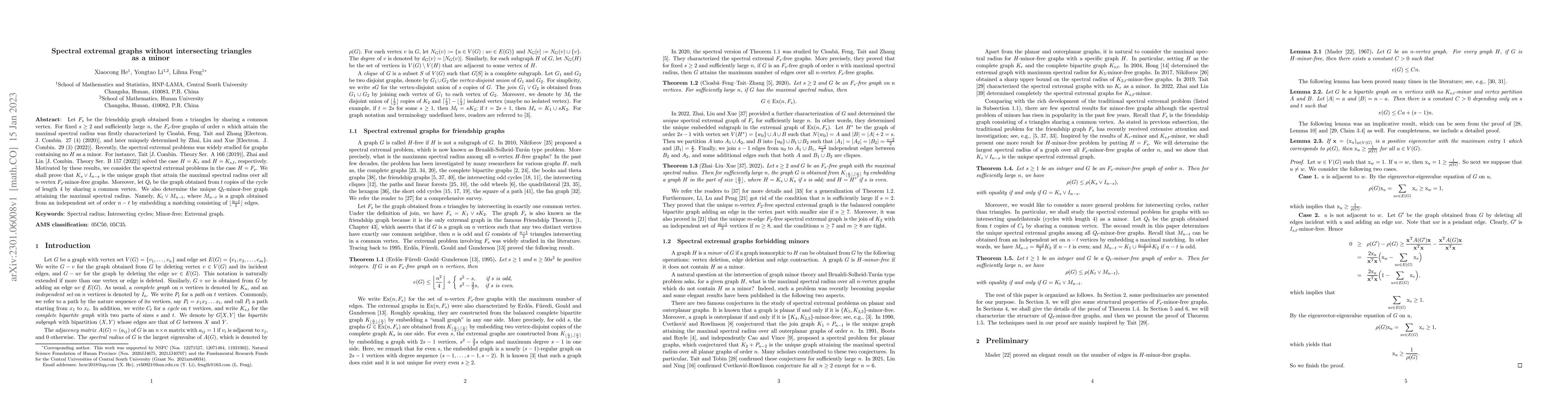 Thumbnail for Spectral extremal graphs without intersecting triangles as a minor