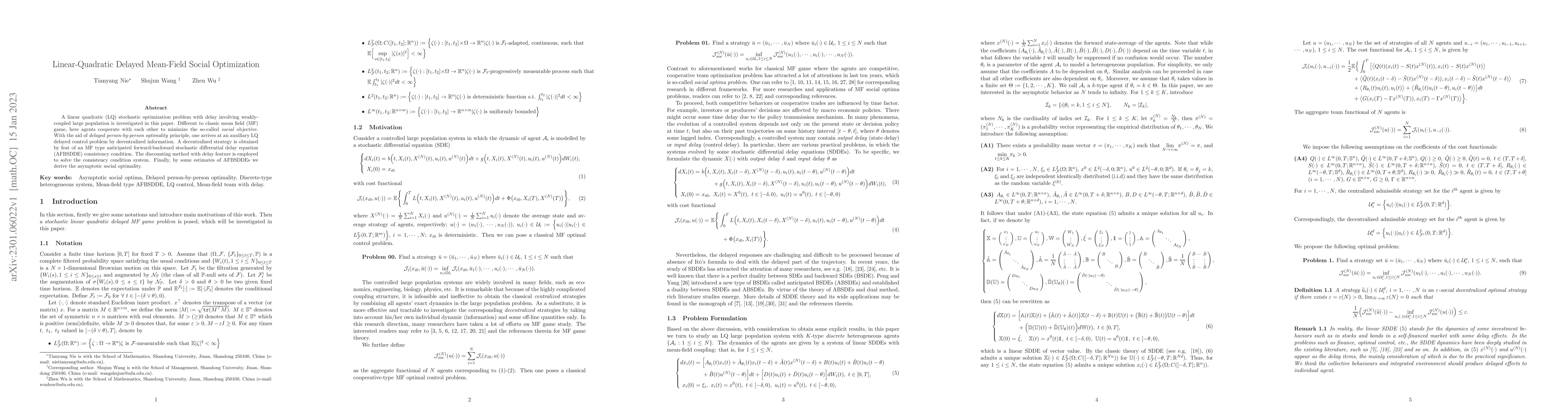 Thumbnail for Linear-Quadratic Delayed Mean-Field Social Optimization