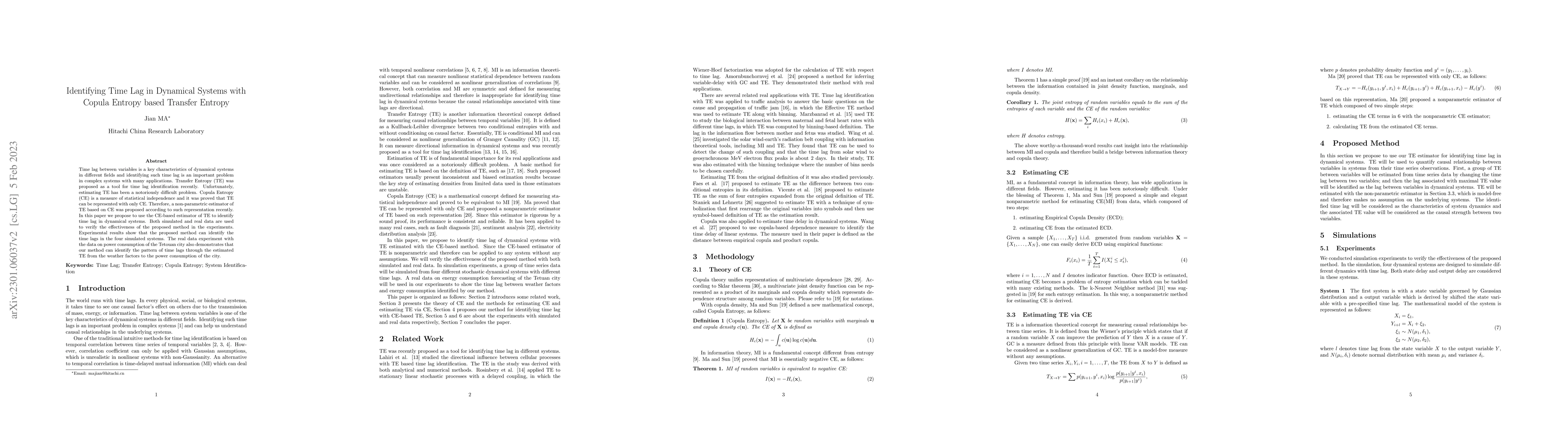 Thumbnail for Identifying Time Lag in Dynamical Systems with Copula Entropy based
  Transfer Entropy