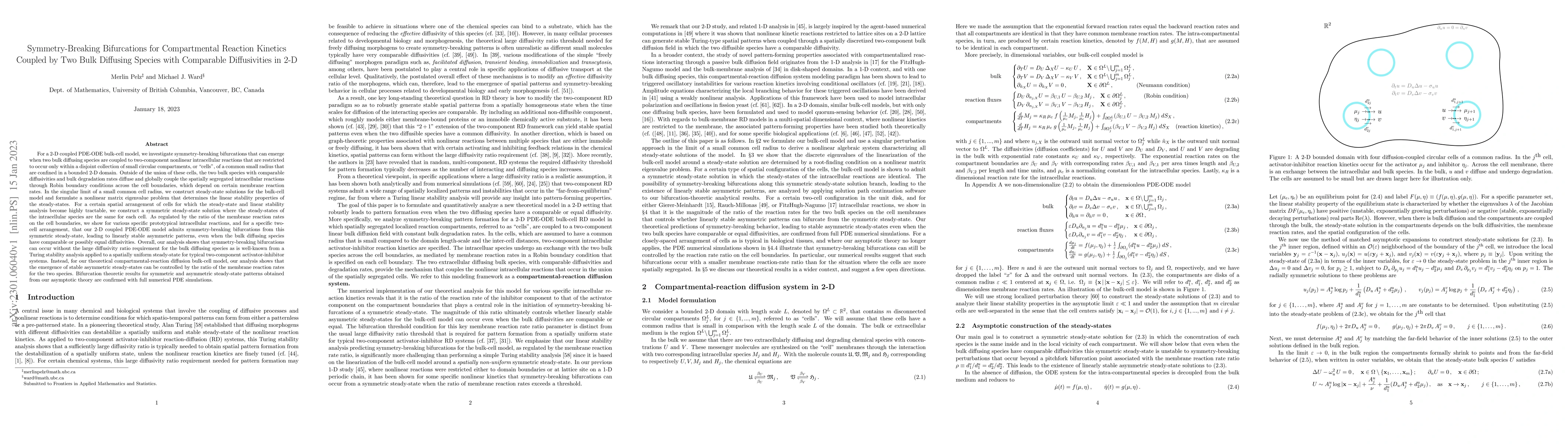 Thumbnail for Symmetry-Breaking Bifurcations for Compartmental Reaction Kinetics
  Coupled by Two Bulk Diffusing Species with Comparable Diffusivities in 2-D