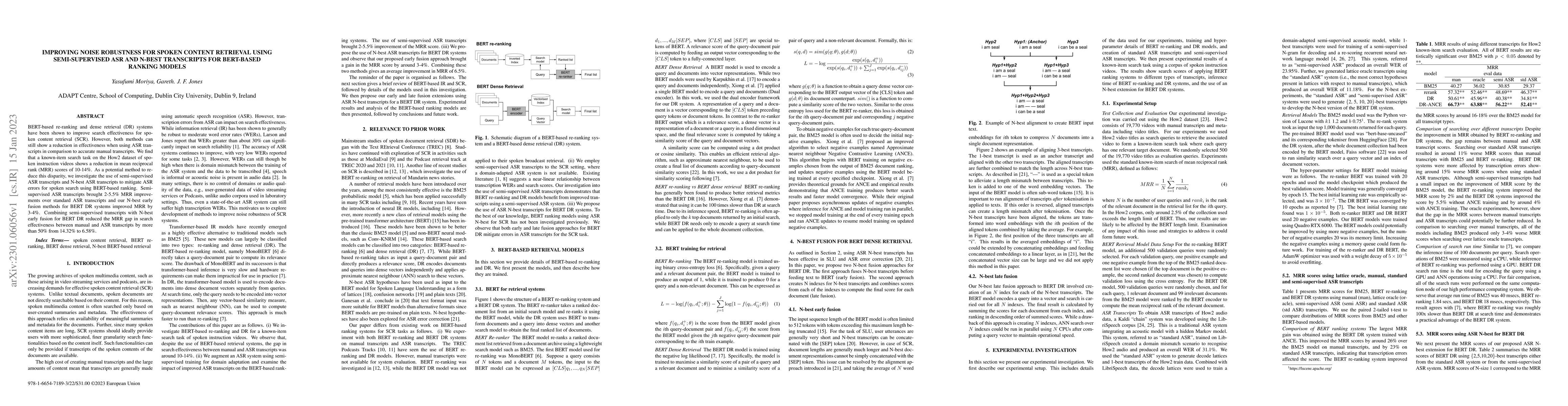 Thumbnail for Improving Noise Robustness for Spoken Content Retrieval using
  Semi-supervised ASR and N-best Transcripts for BERT-based Ranking Models