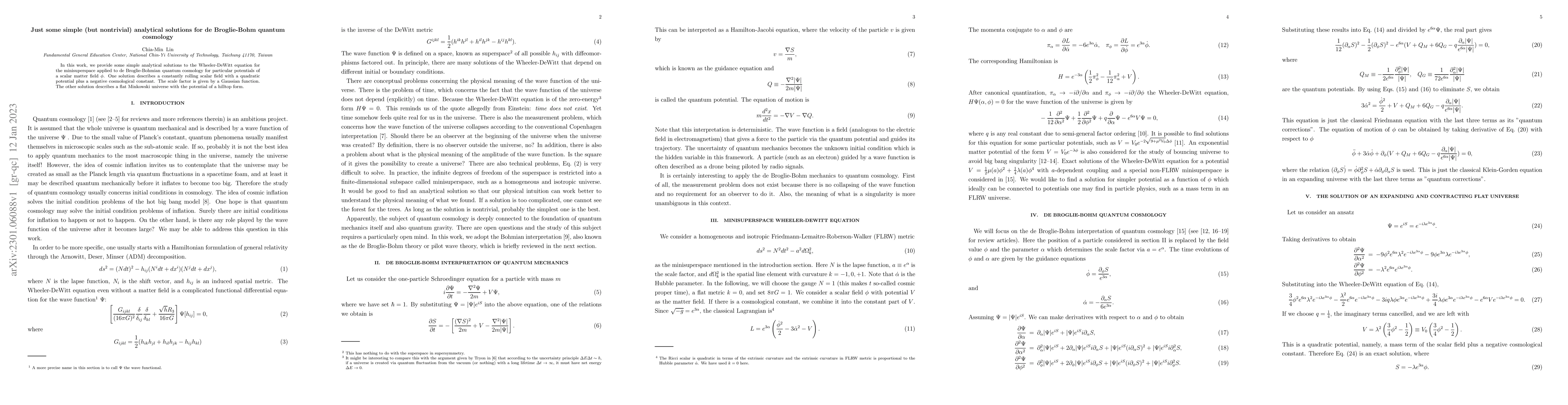 Thumbnail for Just some simple (but nontrivial) analytical solutions for de
  Broglie-Bohm quantum cosmology