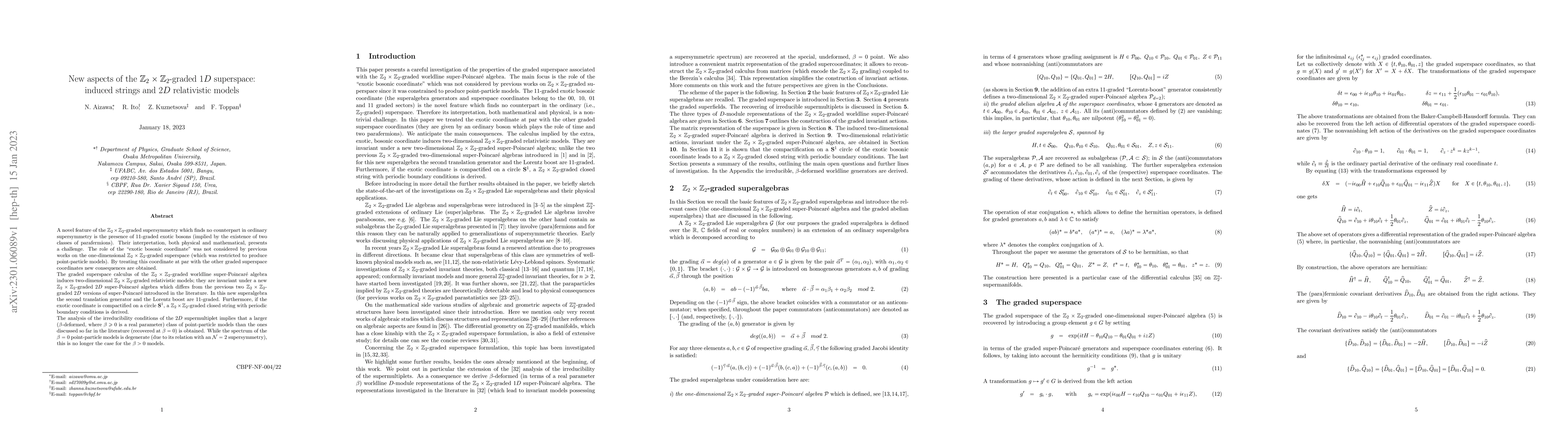 Thumbnail for New aspects of the Z$_{\textrm 2}$ $\times$ Z$_{\textrm 2}$-graded 1D
  superspace: induced strings and 2D relativistic models