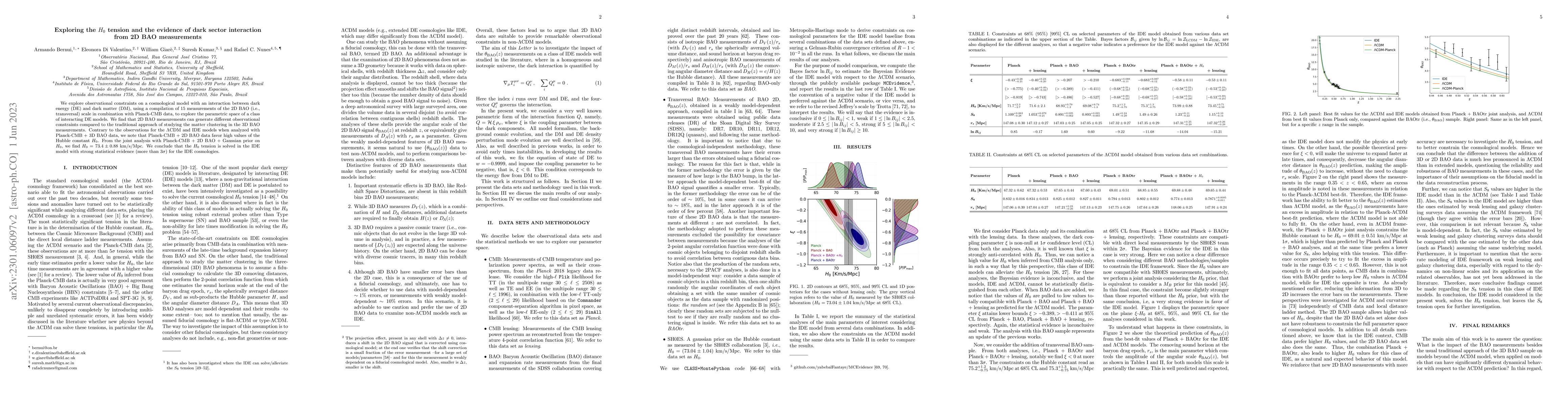 Thumbnail for Exploring the $H_0$ tension and the evidence of dark sector interaction
  from 2D BAO measurements