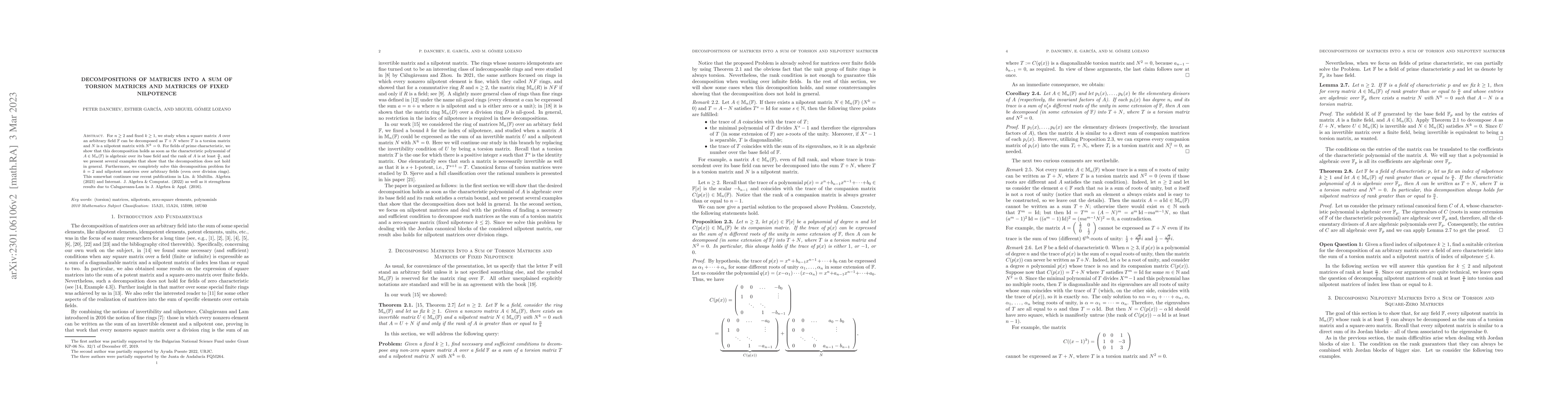 Thumbnail for Decompositions of Matrices Into a Sum of Torsion Matrices and Matrices
  of Fixed Nilpotence