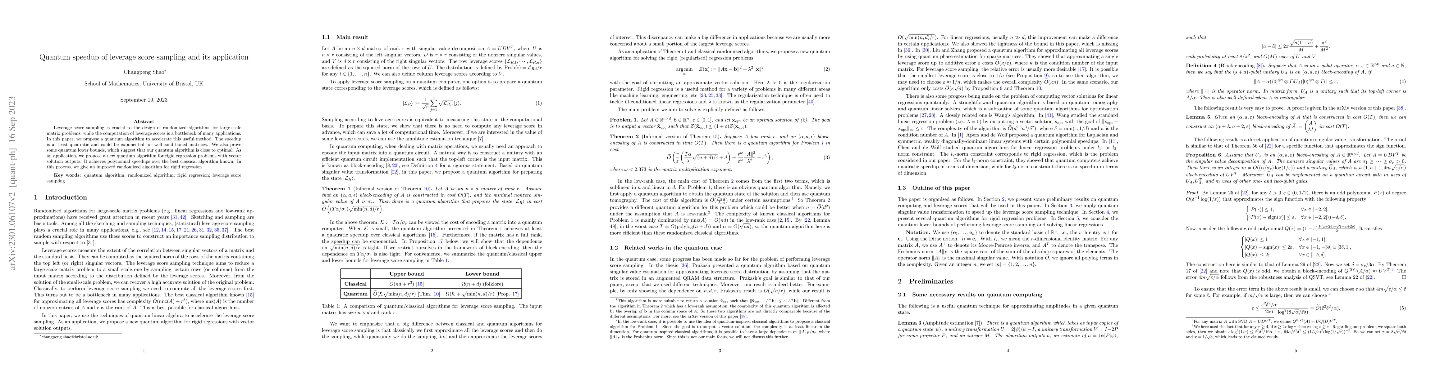 Thumbnail for Quantum speedup of leverage score sampling and its application