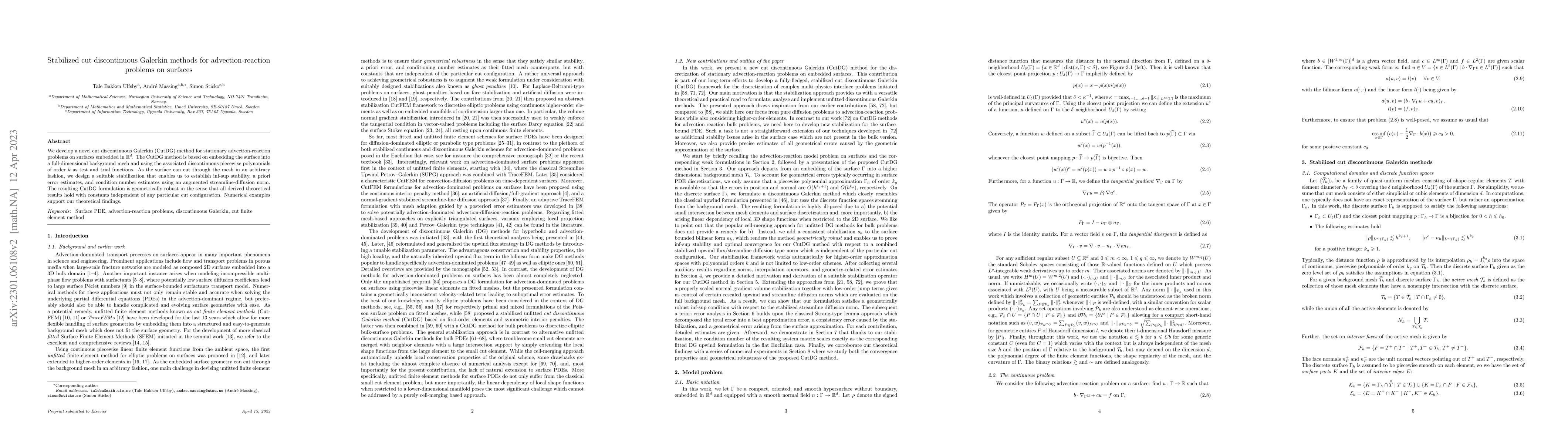 Thumbnail for Stabilized cut discontinuous Galerkin methods for advection-reaction
  problems on surfaces