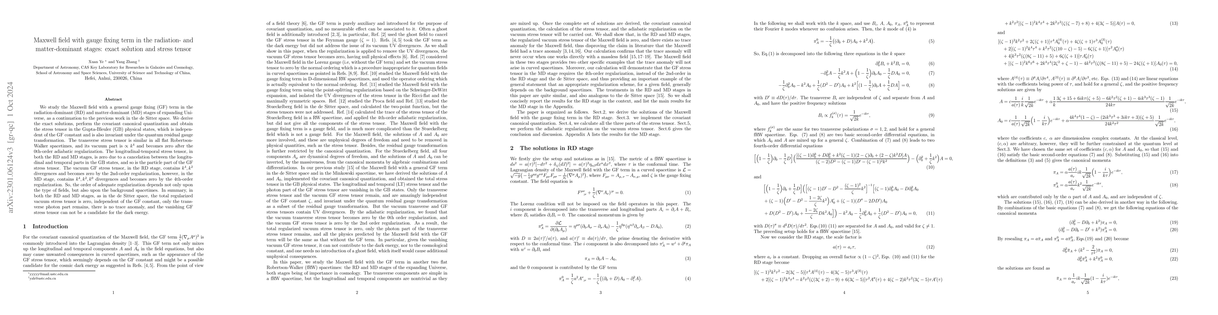 Thumbnail for Maxwell field with gauge fixing term in the radiation- and
  matter-dominant stages: exact solution and stress tensor