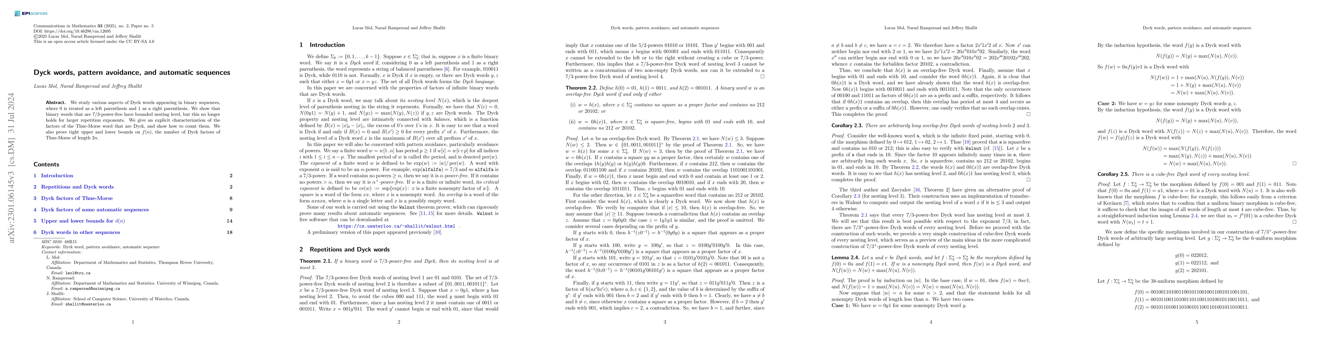 Thumbnail for Dyck Words, Pattern Avoidance, and Automatic Sequences