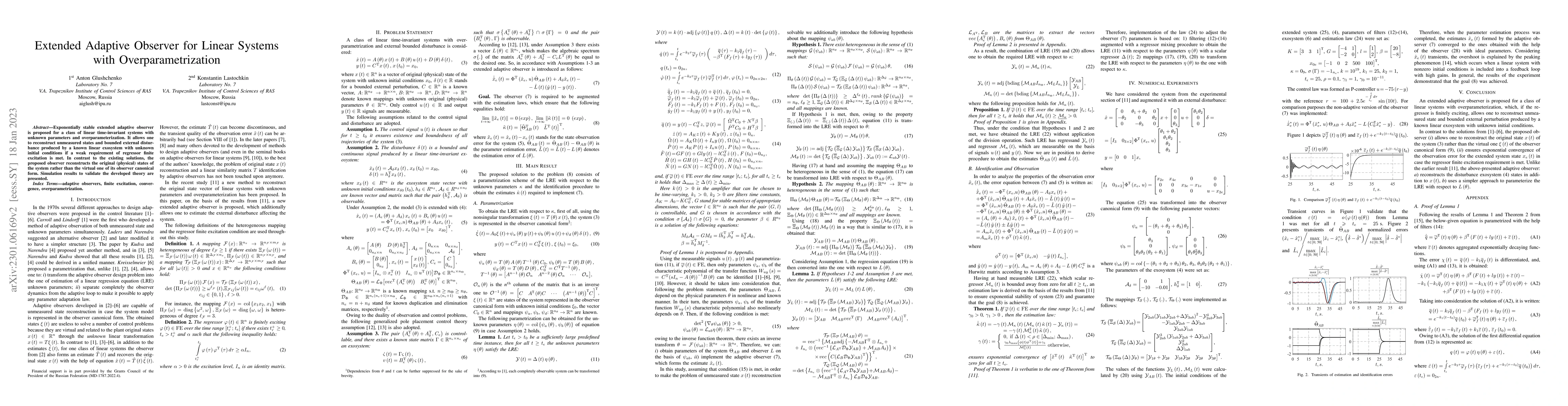 Thumbnail for Extended Adaptive Observer for Linear Systems with Overparametrization