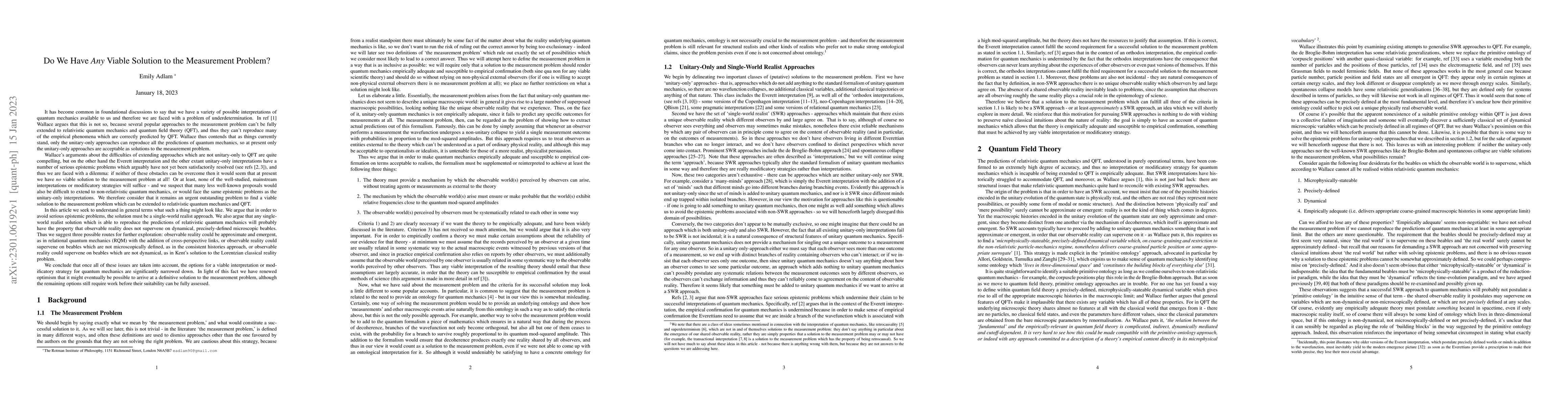 Thumbnail for Do We Have Any Viable Solution to the Measurement Problem?