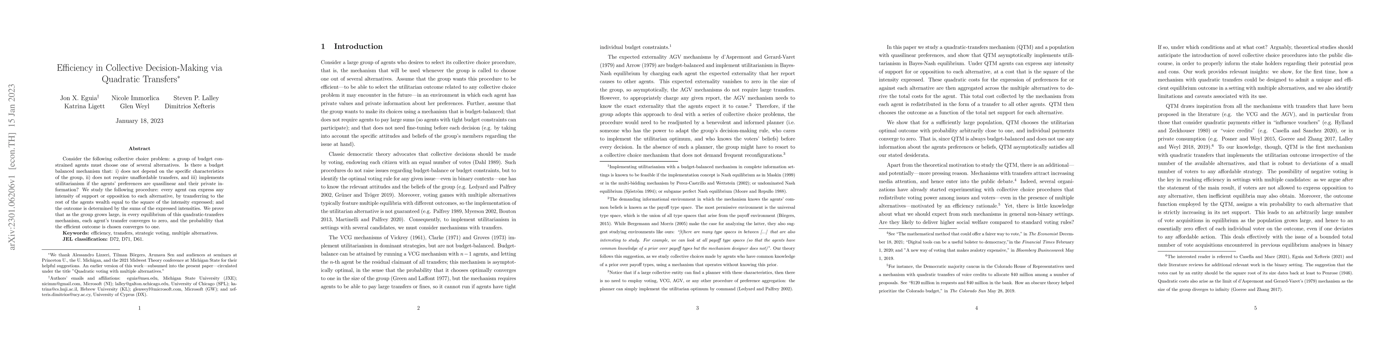 Thumbnail for Efficiency in Collective Decision-Making via Quadratic Transfers