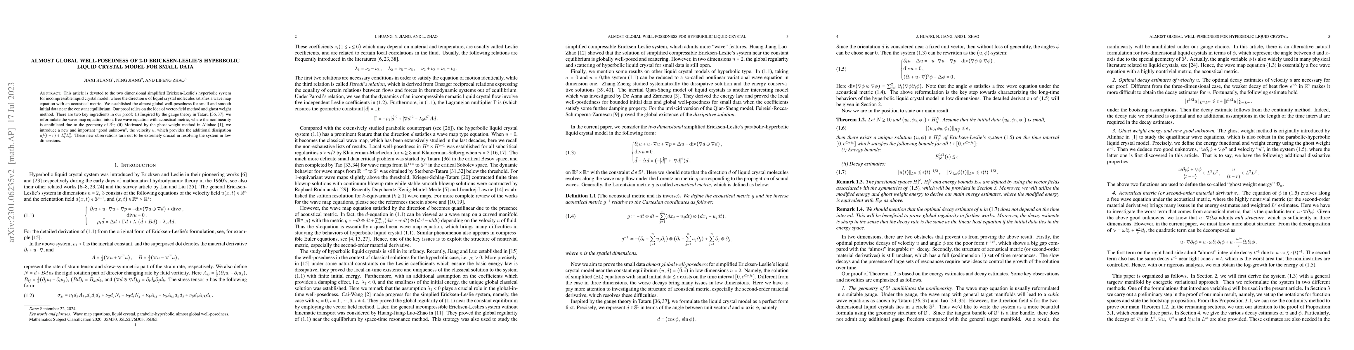 Thumbnail for Almost global well-posedness of 2-D Ericksen-Leslie's hyperbolic liquid
  crystal model for small data