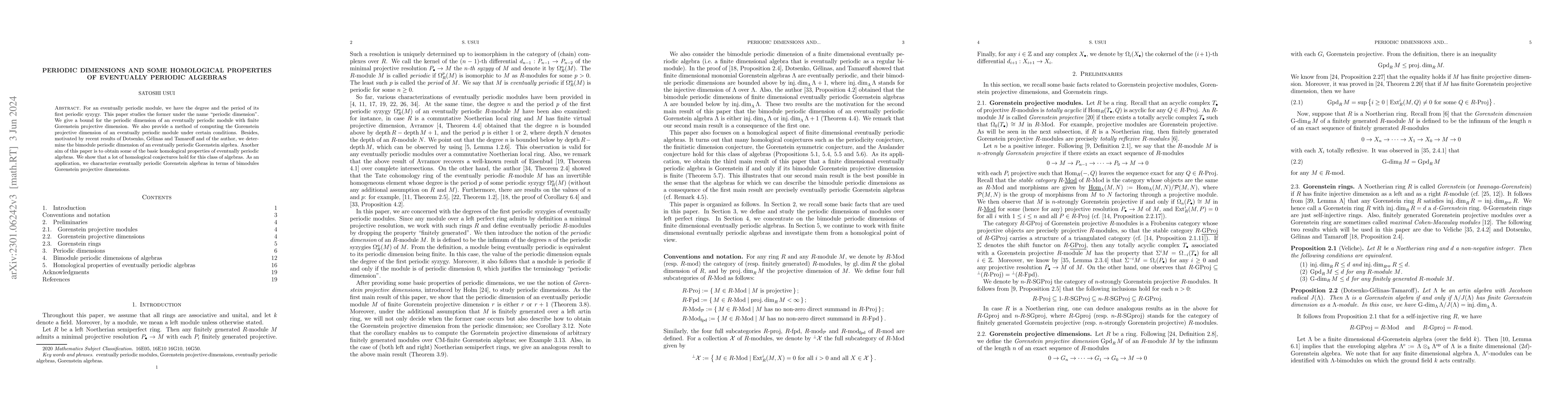 Thumbnail for Periodic dimensions and some homological properties of eventually
  periodic algebras