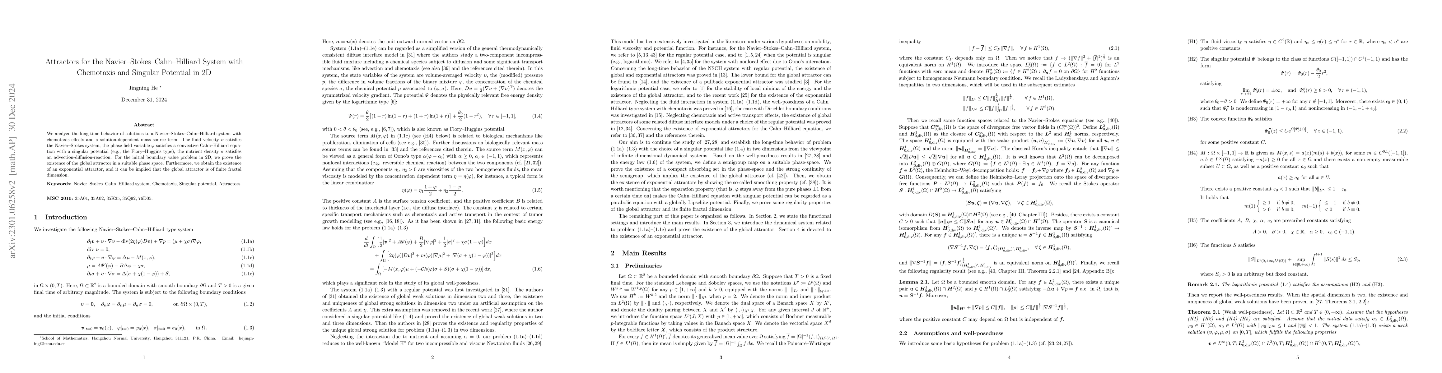 Thumbnail for Attractors for the Navier-Stokes-Cahn-Hilliard System with Chemotaxis
  and Singular Potential in 2D