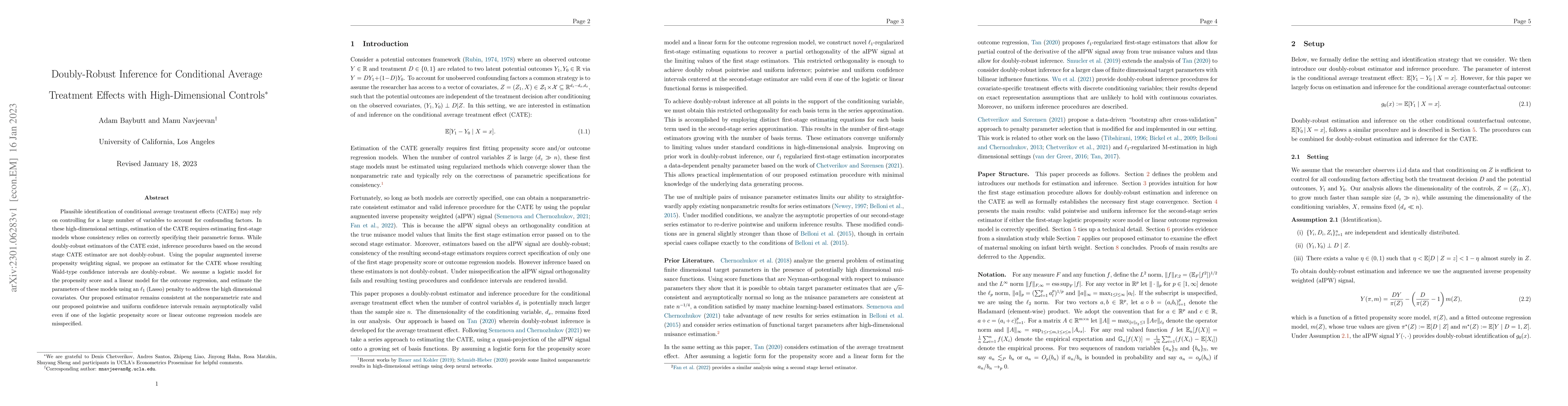 Thumbnail for Doubly-Robust Inference for Conditional Average Treatment Effects with
  High-Dimensional Controls
