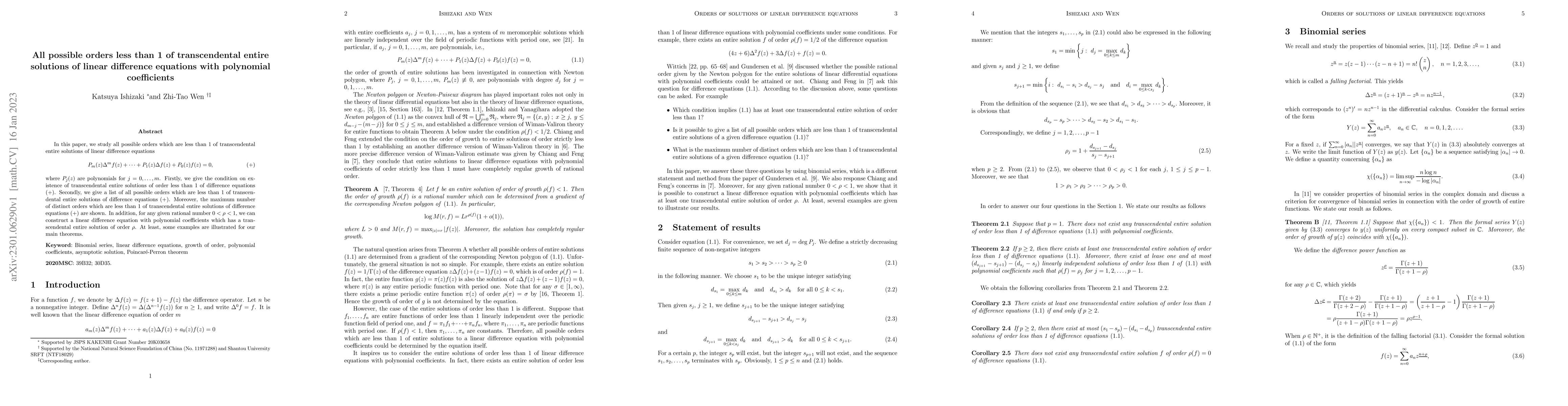 Thumbnail for All possible orders less than 1 of transcendental entire solutions of
  linear difference equations with polynomial coefficients