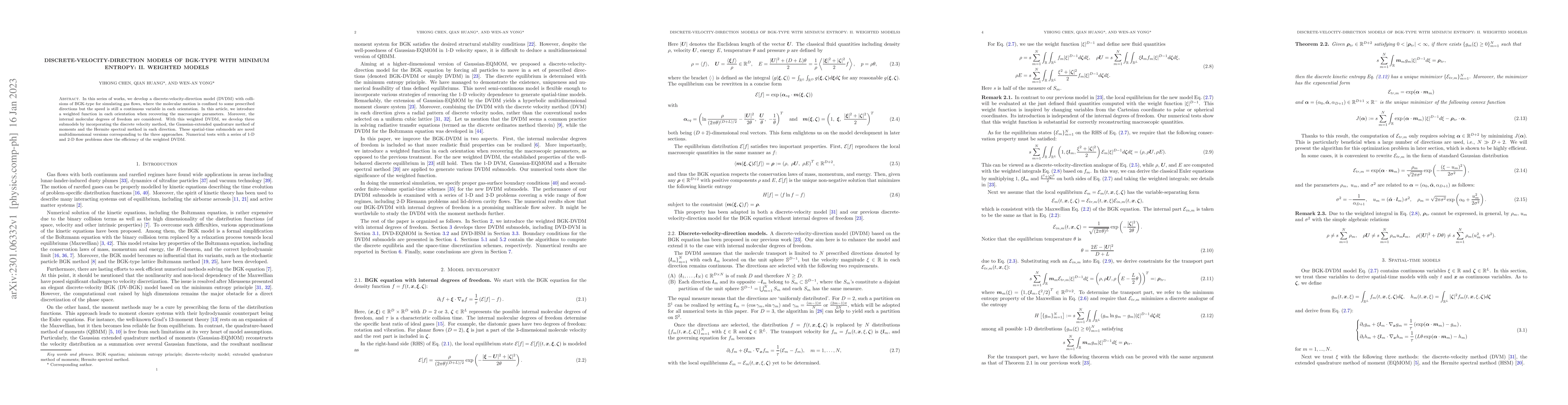 Thumbnail for Discrete-velocity-direction models of BGK-type with minimum entropy: II.
  Weighted models