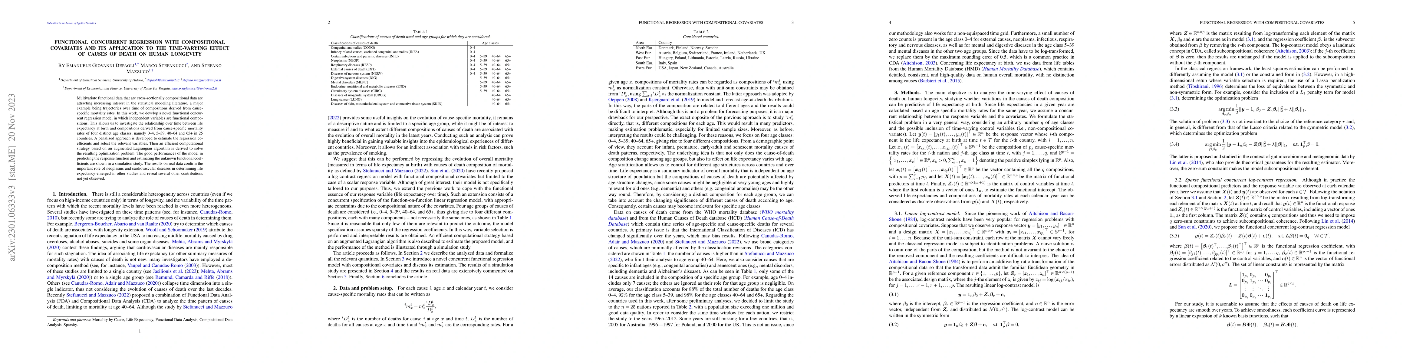 Thumbnail for Functional concurrent regression with compositional covariates and its
  application to the time-varying effect of causes of death on human longevity
