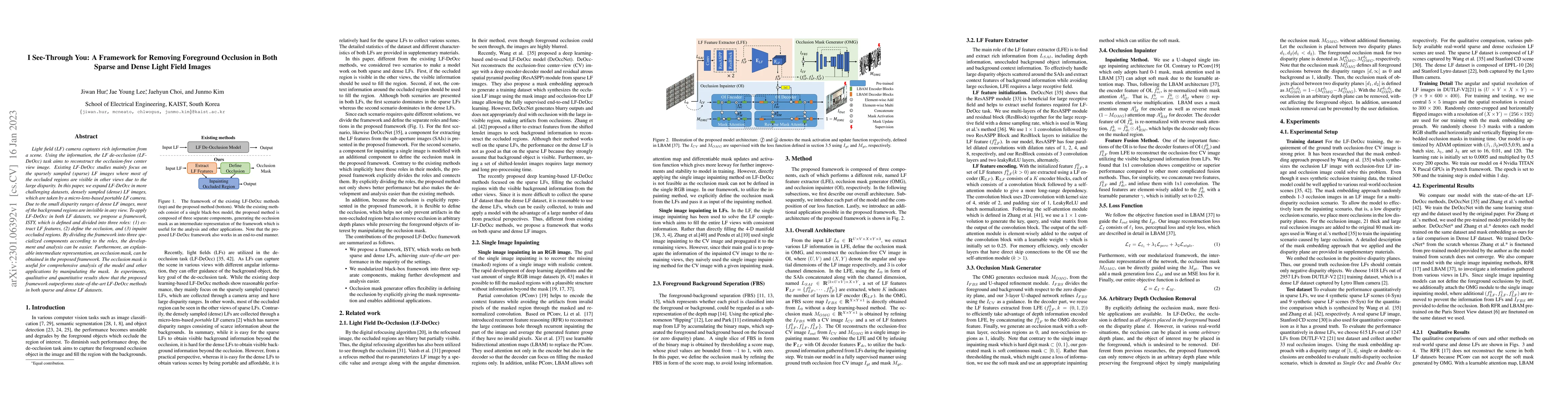 Thumbnail for I See-Through You: A Framework for Removing Foreground Occlusion in Both
  Sparse and Dense Light Field Images