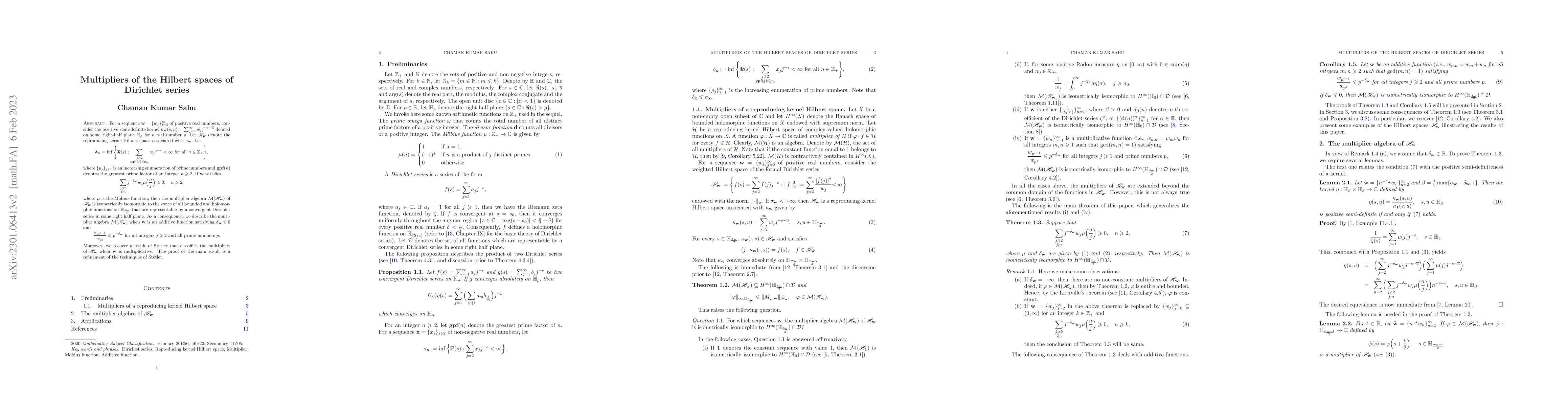 Thumbnail for Multipliers of the Hilbert spaces of Dirichlet series