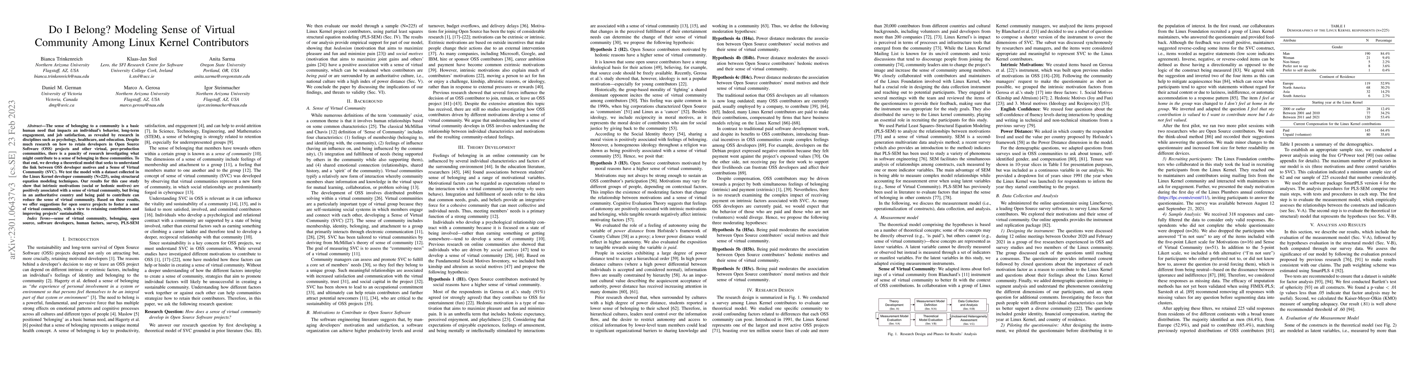 Thumbnail for Do I Belong? Modeling Sense of Virtual Community Among Linux Kernel
  Contributors