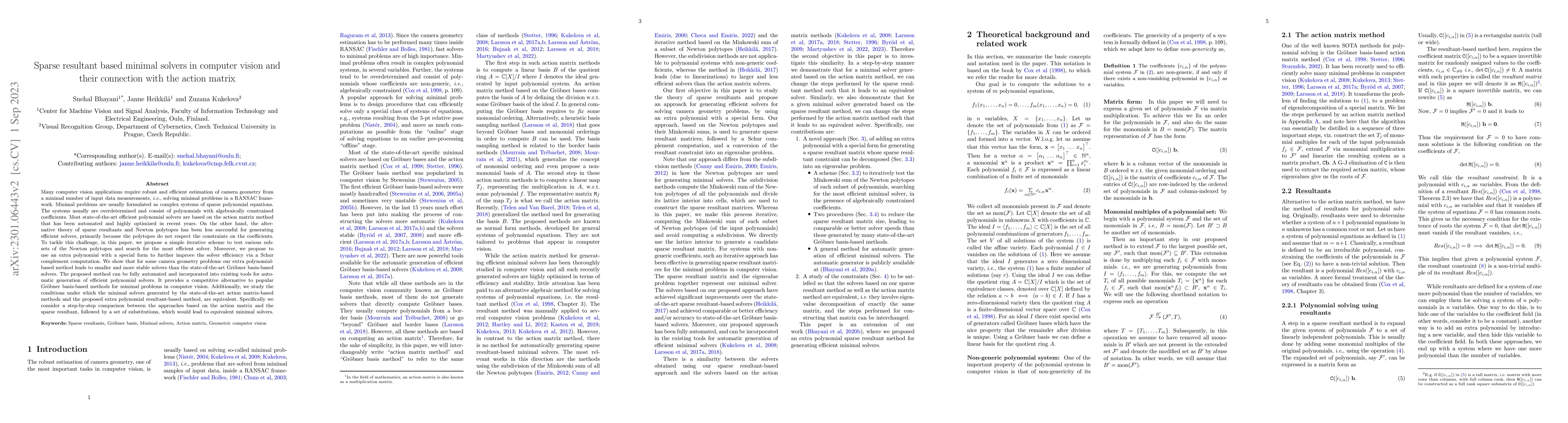 Thumbnail for Sparse resultant based minimal solvers in computer vision and their
  connection with the action matrix