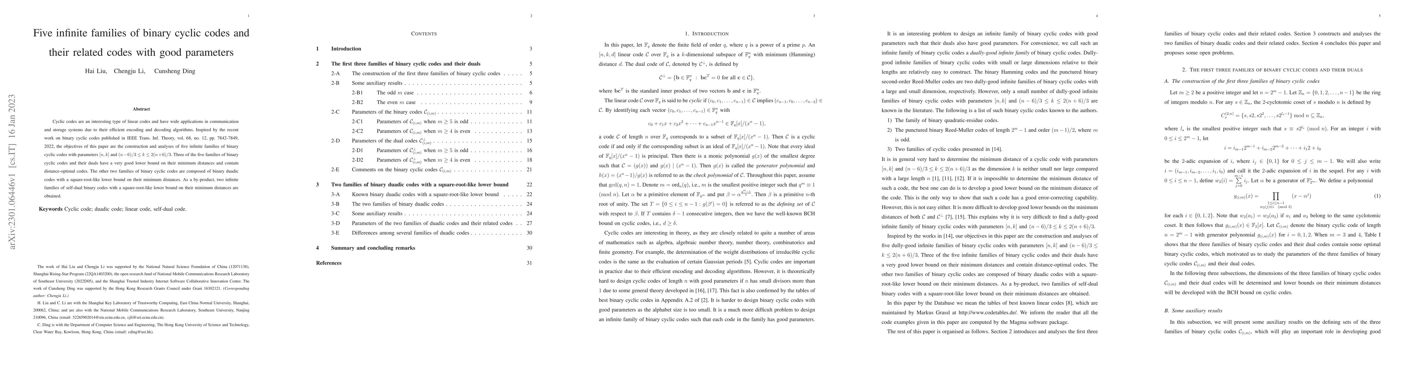 Thumbnail for Five infinite families of binary cyclic codes and their related codes
  with good parameters