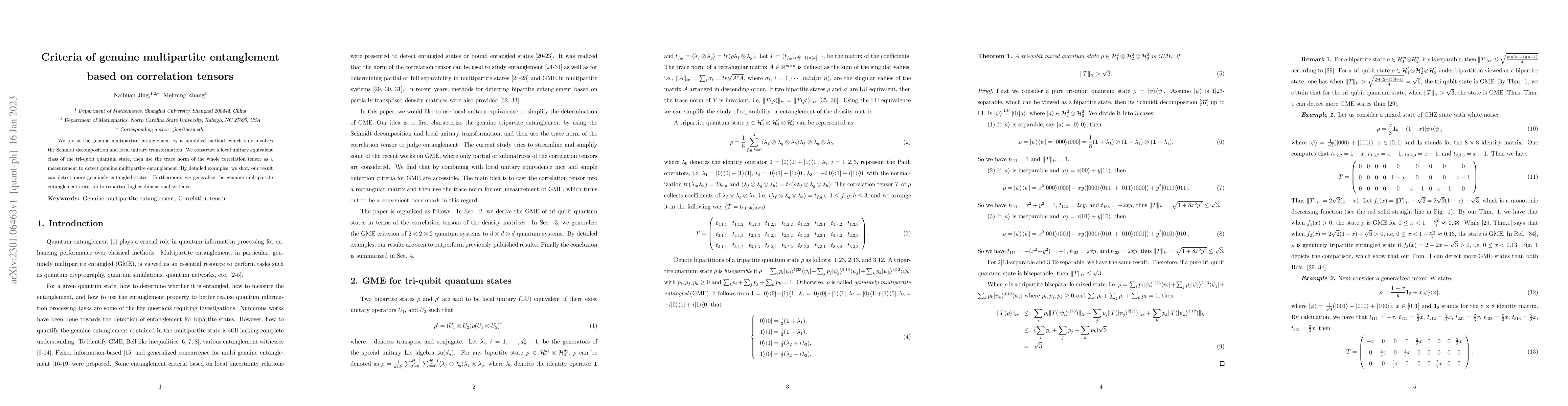 Thumbnail for Criteria of genuine multipartite entanglement based on correlation
  tensors