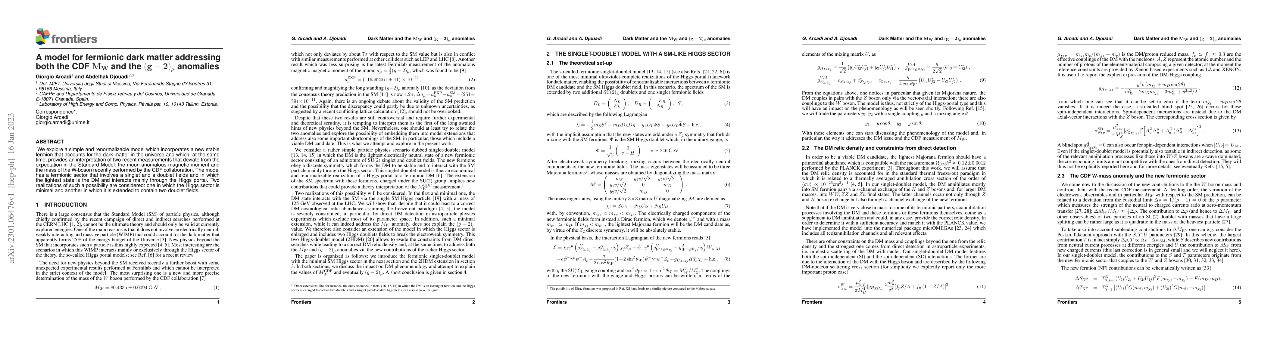 Thumbnail for A model for fermionic dark matter addressing both the CDF $\mathbf{M_W}$
  and the $\mathbf{(g-2)_\mu}$ anomalies