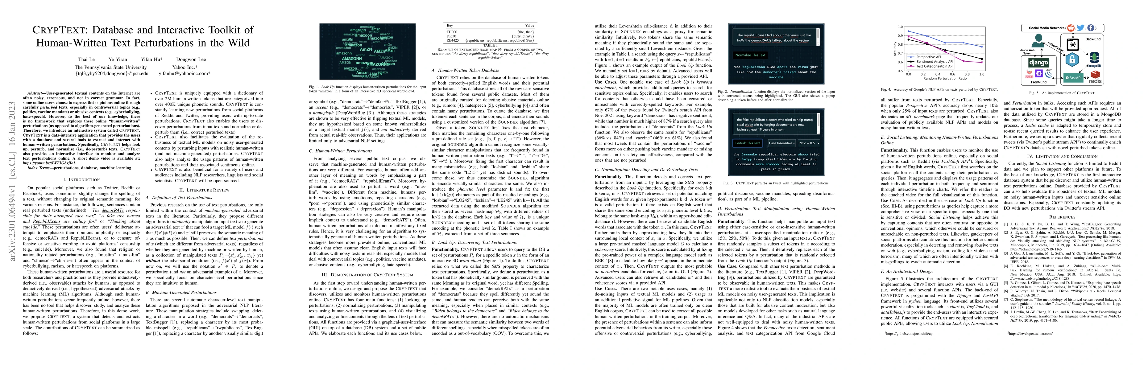 Thumbnail for CRYPTEXT: Database and Interactive Toolkit of Human-Written Text
  Perturbations in the Wild