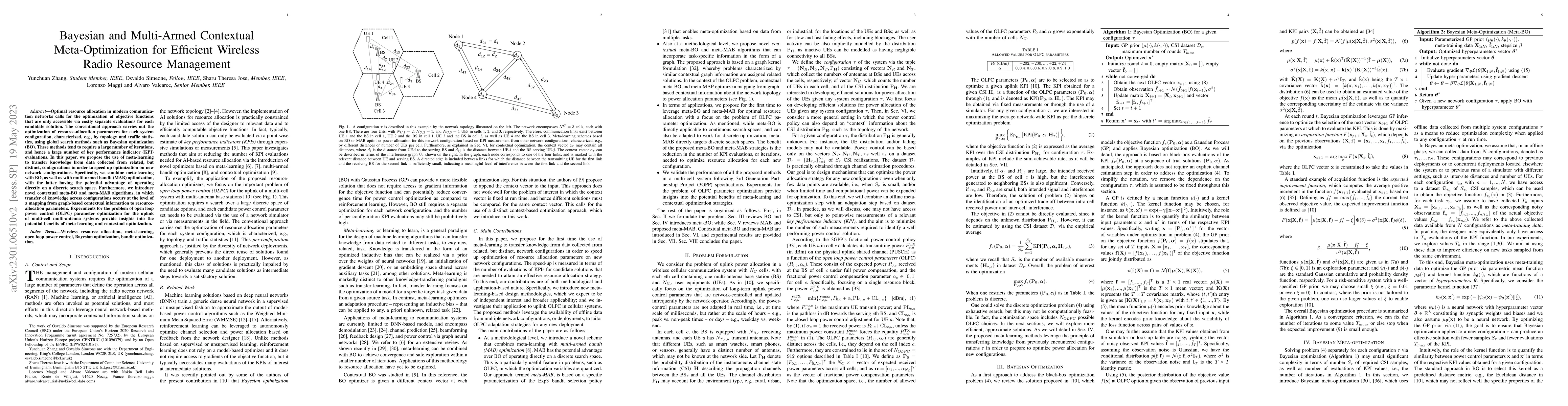 Thumbnail for Bayesian and Multi-Armed Contextual Meta-Optimization for Efficient
  Wireless Radio Resource Management