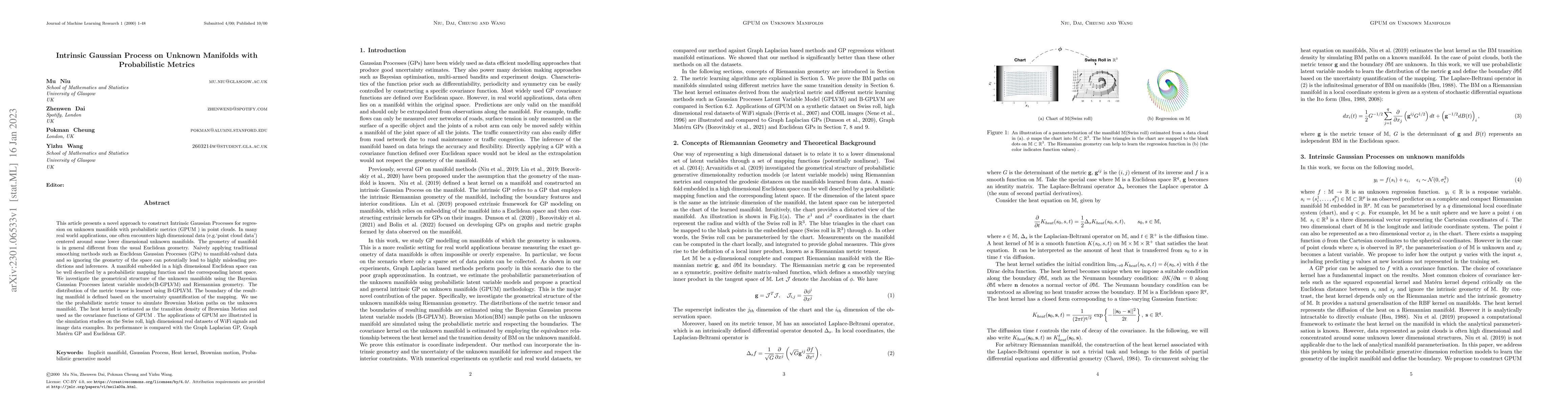 Thumbnail for Intrinsic Gaussian Process on Unknown Manifolds with Probabilistic
  Metrics