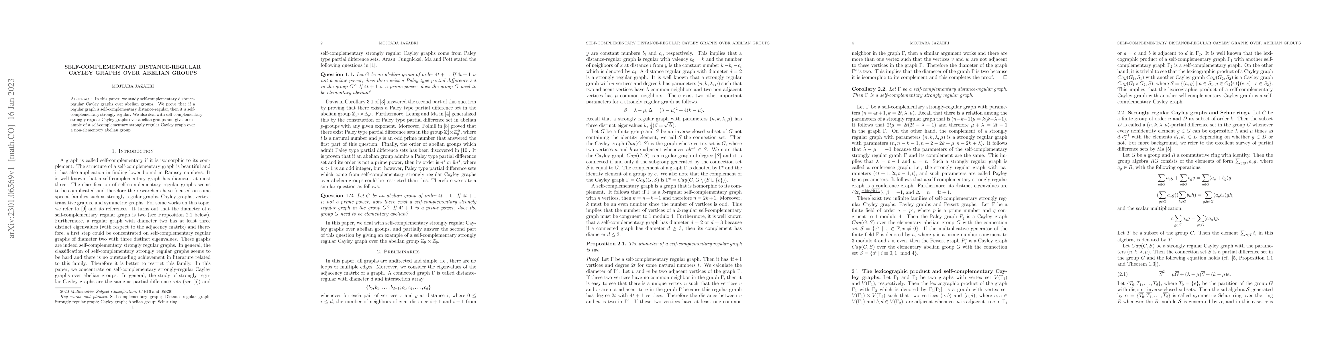 Thumbnail for Self-complementary distance-regular Cayley graphs over abelian groups